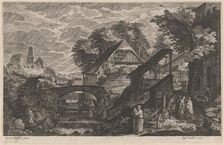 Farm Houses by a River with a City Beyond, 1610/1615. Creators: Aegidius Sadeler II, Pieter Stevens