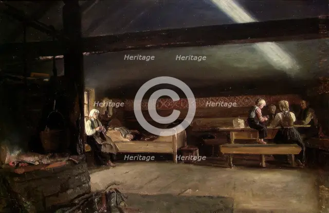 Farm Interior at Vikoy, 1873. Creator: Adolph Tidemand.