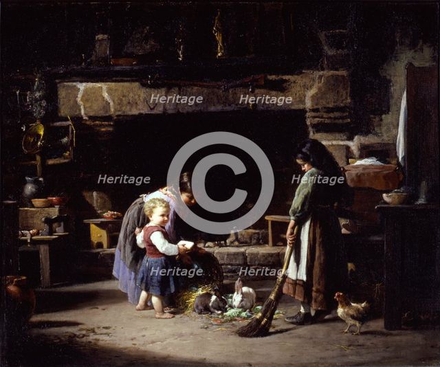 Farm Interior: Breton Children Feeding Rabbits, 1878. Creator: William Henry Lippincott.