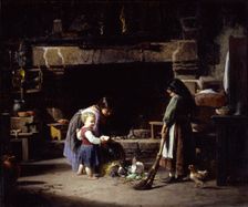 Farm Interior: Breton Children Feeding Rabbits, 1878. Creator: William Henry Lippincott