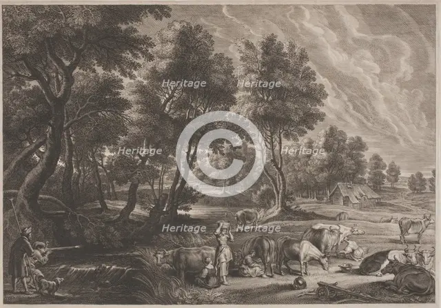 Farm Landscape with Hunters and Milkmaids. Creator: Boetius Adams Bolswert.