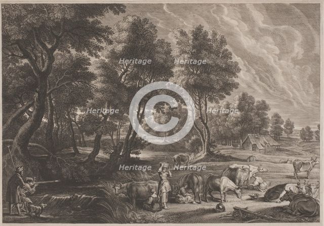 Farm Landscape with Hunters and Milkmaids. Creator: Boetius Adams Bolswert.