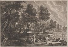 Farm Landscape with Hunters and Milkmaids. Creator: Boetius Adams Bolswert