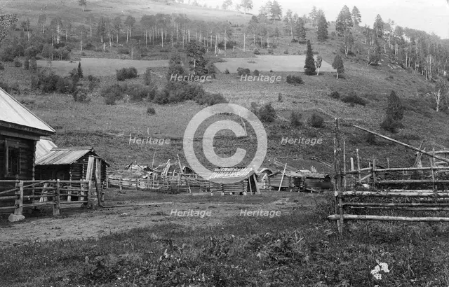 Farm Structures in the Ulus Kumys and a Ploughed Field on the Slope, 1913. Creator: GI Ivanov.