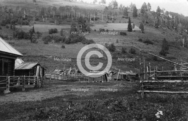 Farm Structures in the Ulus Kumys and a Ploughed Field on the Slope, 1913. Creator: GI Ivanov.