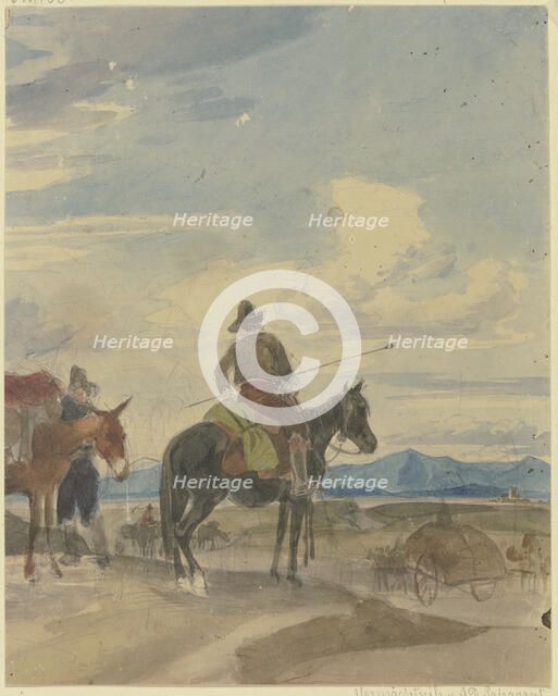 Farmer on horseback and muleteer from the Roman Campagna, mid-19th century. Creator: Johann Adam Klein.
