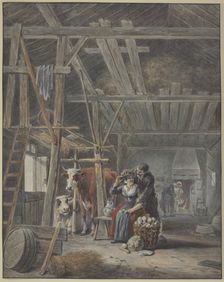 Farmer and wife with cows in the barn, 18th century. Creator: French, 18th century;