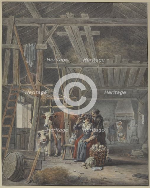 Farmer and wife with cows in the barn, 18th century. Creator: French, 18th century;.