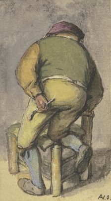Farmer from behind, kneeling with his right leg on a chair, after 1670. Creator: Adriaen van Ostade