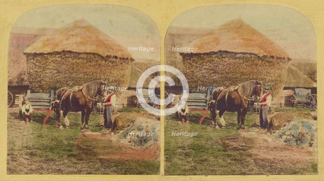 Farmer holding horse, large haystack in background, about 1860. Creator: Unknown.