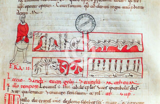 Farmer in sowing time. Miniature from 'Homilías de Beda', codex from the second half of the 11th …