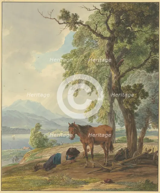 Farmer resting with his horse beside a ploughed field, 18th century. Creator: Wilhelm von Kobell.