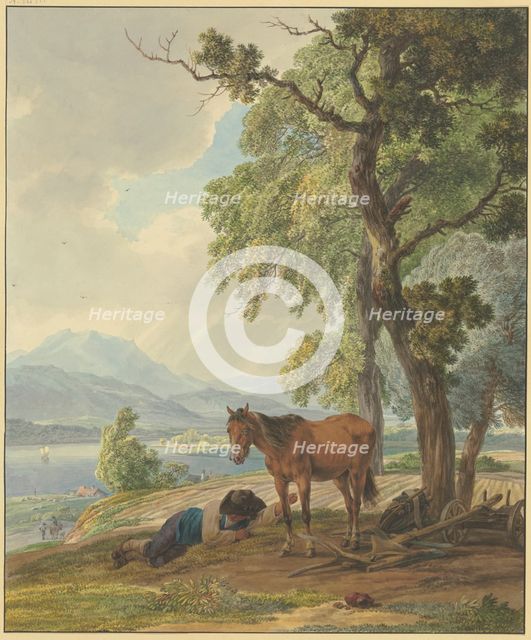 Farmer resting with his horse beside a ploughed field, 18th century. Creator: Wilhelm von Kobell.
