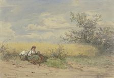 Farmer's wife with child resting in front of a ripe cornfield, c1840-1890s. Creator: Philipp Rumpf