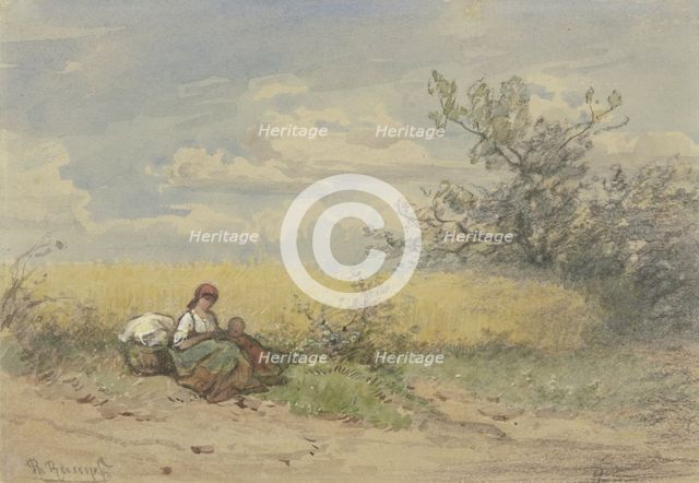 Farmer's wife with child resting in front of a ripe cornfield, c1840-1890s. Creator: Philipp Rumpf.