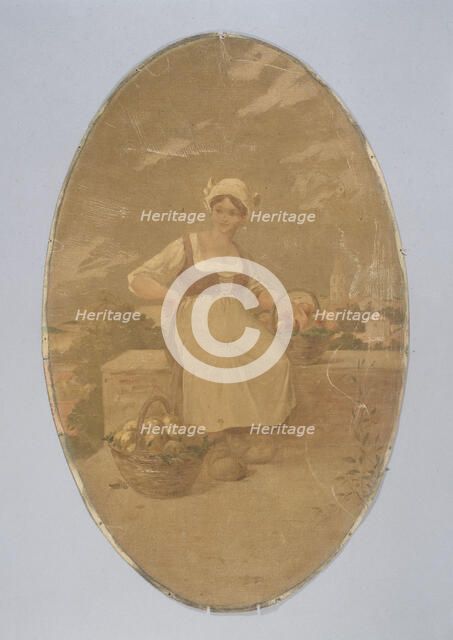 Farmer seated near two baskets of apples. Decorative painting for the Cafe de Paris, c1900. Creator: Unknown.