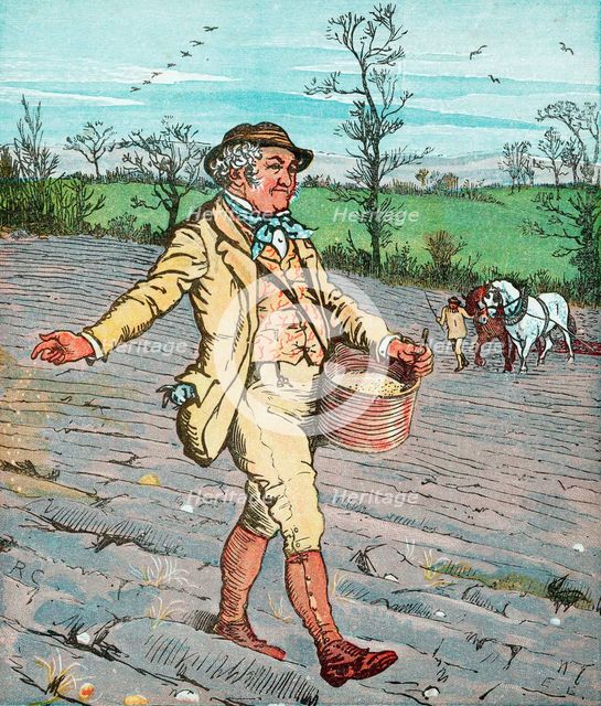 Farmer sowing seed broadcast, 1881. Artist: Randolph Caldecott