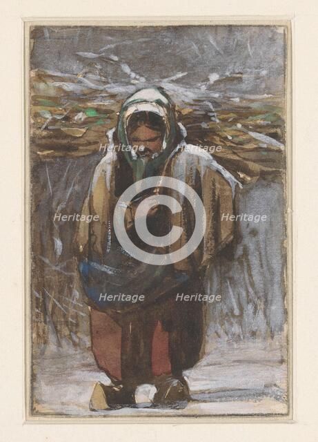 Farmer's wife carrying firewood in winter landscape, 1832-1880. Creator: Jan Weissenbruch.