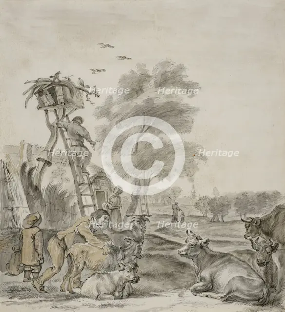 Farmers and cattle in front of a cabin. Creator: Unknown.