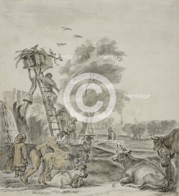 Farmers and cattle in front of a cabin. Creator: Unknown.