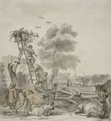 Farmers and cattle in front of a cabin. Creator: Unknown