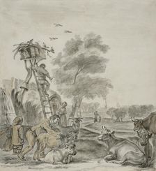 Farmers and cattle in front of a cabin. Creator: Unknown