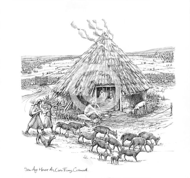 Farmers and a herd of goats outside Iron Age Roundhouse, (c1990-2010) Artist: Judith Dobie.