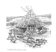 Farmers and a herd of goats outside Iron Age Roundhouse, (c1990-2010) Artist: Judith Dobie