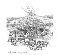 Farmers and a herd of goats outside Iron Age Roundhouse, (c1990-2010) Artist: Judith Dobie