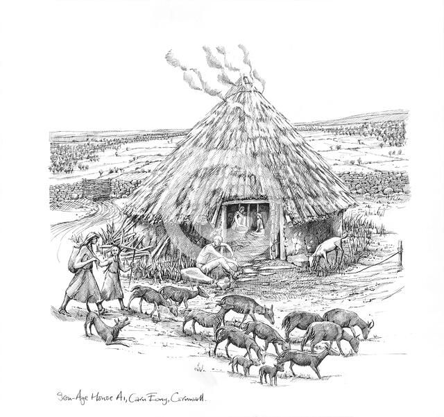 Farmers and a herd of goats outside Iron Age Roundhouse, (c1990-2010) Artist: Judith Dobie.