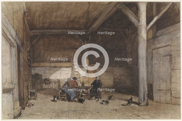 Farmers interior with two men and a woman at a table, also a few chickens and cats, 1827-1891. Creator: Johannes Bosboom.