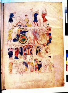 Farmers reaping and doing different agricultural tasks. Miniature in the Bible of Ripoll manus…