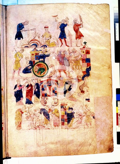 Farmers reaping and doing different agricultural tasks. Miniature in the 'Bible of Ripoll', manus…