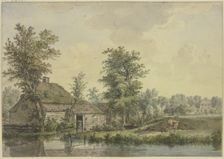 Farmhouse by the water, a cow by a wheelbarrow. Creator: Jacobus van Liender