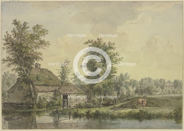 Farmhouse by the water, a cow by a wheelbarrow. Creator: Jacobus van Liender.