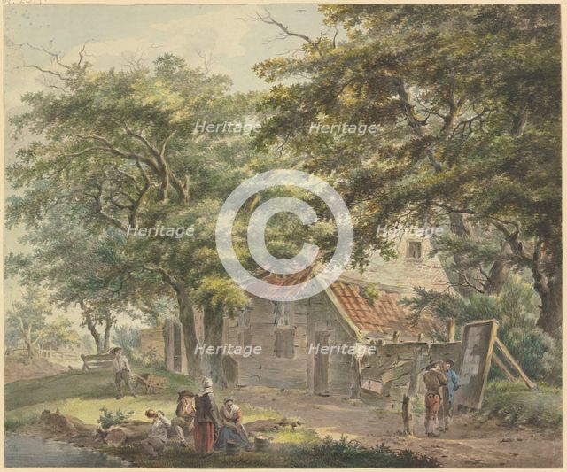 Farmhouse under trees, a man with a wheelbarrow on the left. Creator: Hermanus van Brussel.