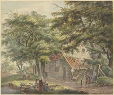 Farmhouse under trees, a man with a wheelbarrow on the left. Creator: Hermanus van Brussel