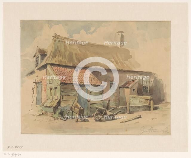 Farmhouse with wooden extension, wheelbarrow and grinding stone, 1837-1903. Creator: Jan Striening.