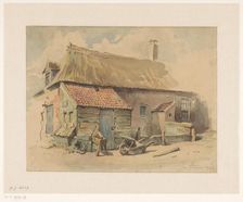 Farmhouse with wooden extension, wheelbarrow and grinding stone, 1837-1903. Creator: Jan Striening