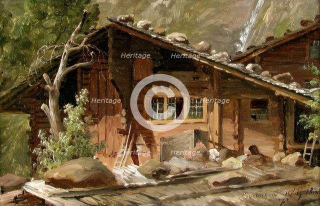 Farmhouses in Meiringen in Switzerland, 1835. Creator: Thomas Fearnley.