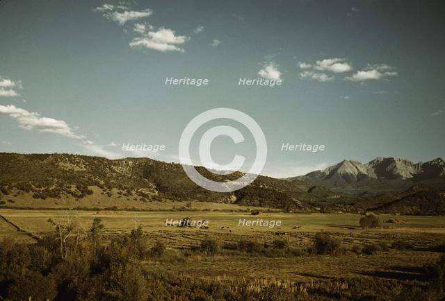 Farmland in the vicinity of Mt. Sneffels, Ouray County, Colorado, 1940. Creator: Russell Lee.