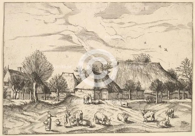 Farms, cattle with herdsmen and milkmaids in the foreground from Multifariarum casularu..., 1559-61. Creator: Johannes van Doetecum I.