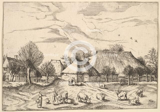 Farms, cattle with herdsmen and milkmaids in the foreground from Multifariarum casularu..., 1559-61. Creator: Johannes van Doetecum I.
