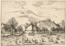Farms, cattle with herdsmen and milkmaids in the foreground from Multifariarum casularu..., 1559-61. Creator: Johannes van Doetecum I