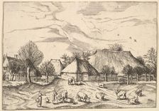 Farms, cattle with herdsmen and milkmaids in the foreground from Multifariarum casularu..., 1559-61. Creator: Johannes van Doetecum I