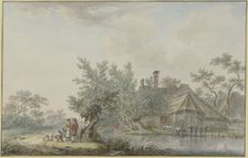 Farmstead by a body of water, a farming couple with a child and a dog by a pasture on the left. Creator: Johann Jakob Koller