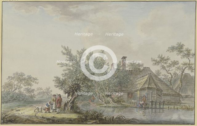 Farmstead by a body of water, a farming couple with a child and a dog by a pasture on the left. Creator: Johann Jakob Koller.