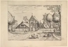Farmstead, cows and herdsman in the foreground from Praediorum villarum et rusticar..., ca. 1559-61. Creator: Johannes van Doetecum I
