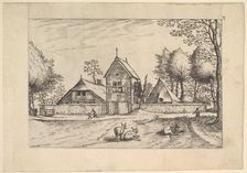 Farmstead, cows and herdsman in the foreground from Praediorum villarum et rusticar..., ca. 1559-61. Creator: Johannes van Doetecum I