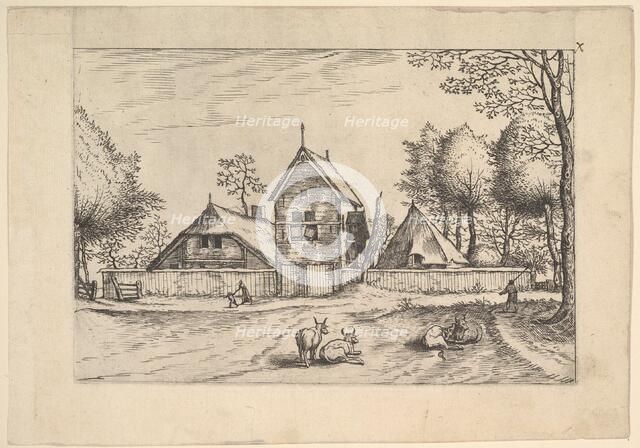 Farmstead, cows and herdsman in the foreground from Praediorum villarum et rusticar..., ca. 1559-61. Creator: Johannes van Doetecum I.